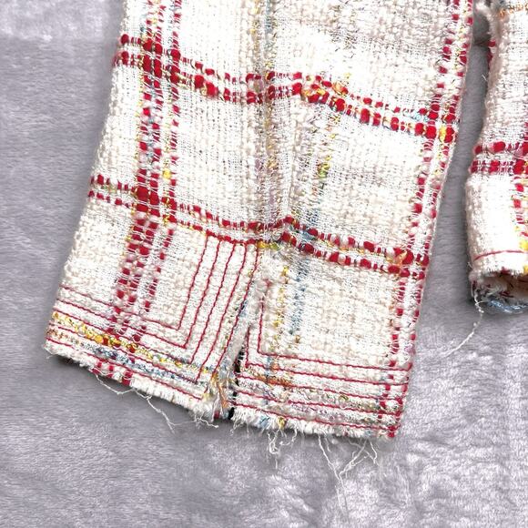 Zara Cream Red Plaid Boucle Cropped Tweed Blazer Jacket Sz 6 Deconstructed Chic - Picture 7 of 14